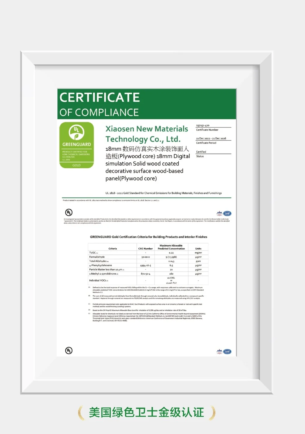 GREENGUARD Gold from the Three Trees Xiaosen board test report